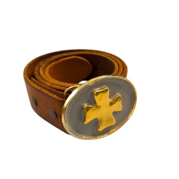 Swanky Belts Gold Cross Buckle Boho Western Leather Belt Size 32 Brown 32-38 USA main image 9